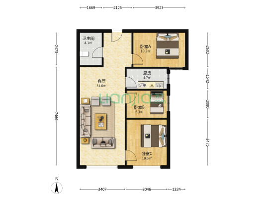 高铁东站 理想湾南向三居 此顶层 好房出售-户型图