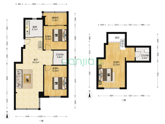 五彩阳光城 3室1厅2卫 96平方