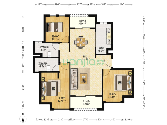 北极星尚雅苑 3室1厅2卫 115平方