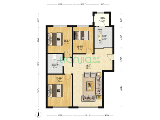 华居水木天成 3室1厅1卫 119平方
