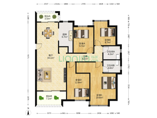 通源新建城A7 4室1厅2卫 144平方