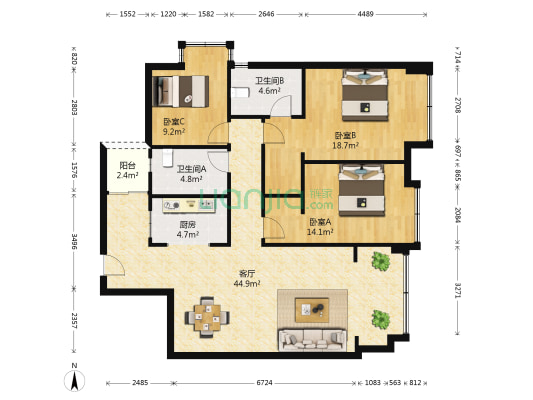 置信逸都B区 3室1厅2卫 113平方