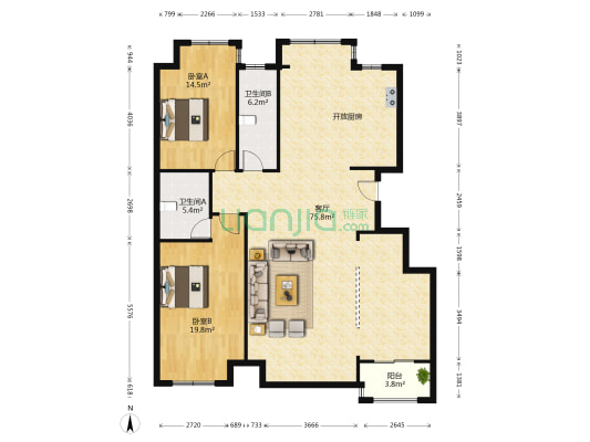 保利百合香湾B区 2室1厅2卫 146平方