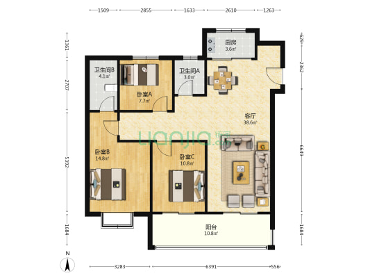 国投凤凰汇聚龙府 3室1厅2卫 126平方