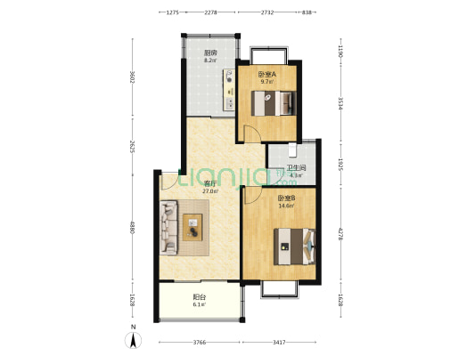 上海花园 2室1厅1卫 88平方