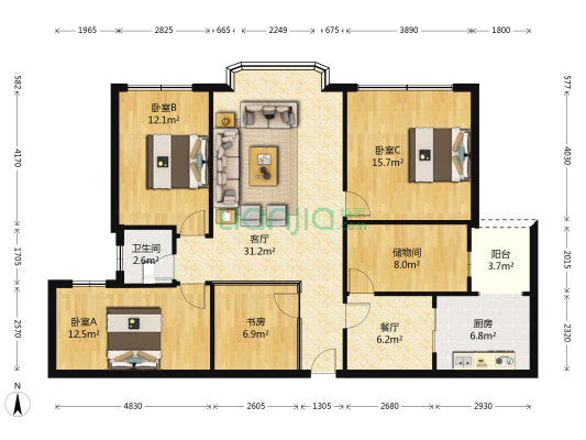 宏远时代广场 4室2厅1卫 140平方