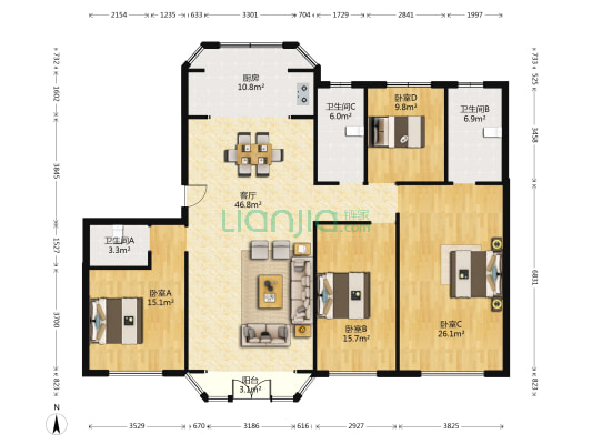 天房崇德园 4室1厅3卫 185平方