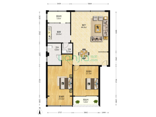 湖滨北路 2室1厅2卫 138平方