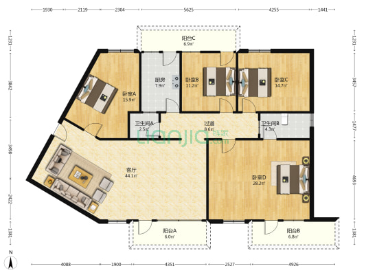 金叶大厦 4室1厅2卫 168平方