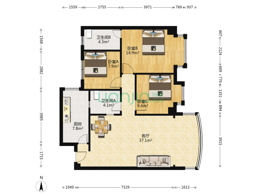 新筑公寓 3室1厅2卫 101平方