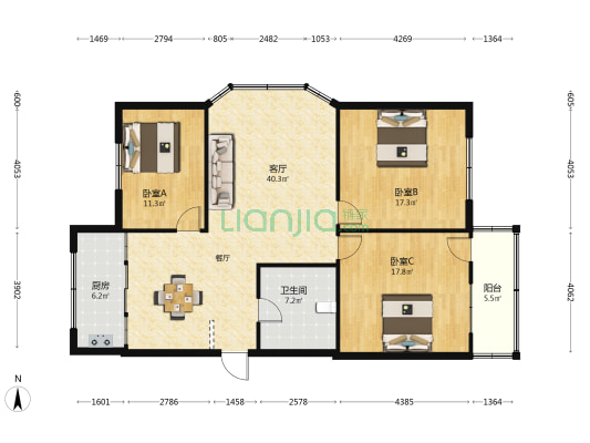 新昌大道西路 3室1厅1卫 126平方