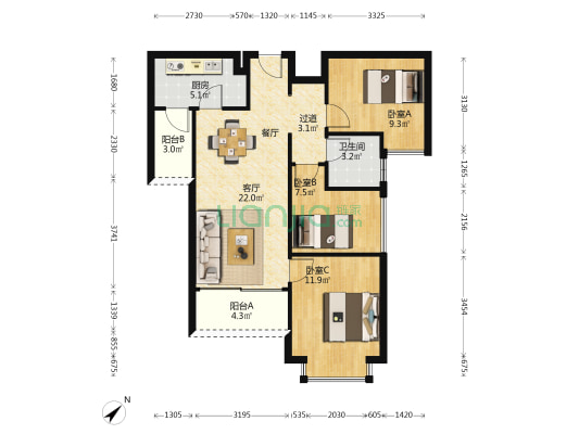 恒大滨江左岸花园 3室1厅1卫 91平方