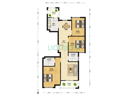 罗西住宅区十五组团 3室1厅2卫 135平方