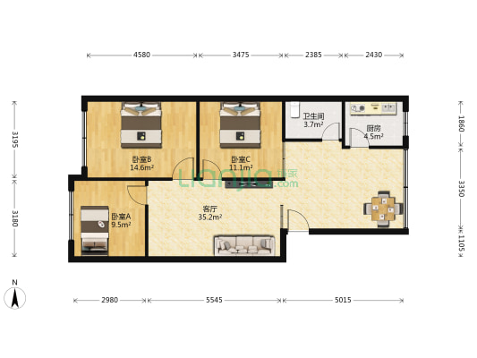 火神巷17号 3室1厅1卫 91平方