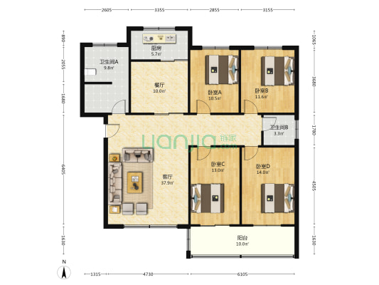 南北通透大四居,南北双阳台满五税费低开发区大社区-户型图