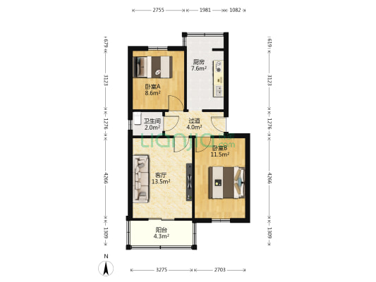 设计院人民广场家属院 2室1厅1卫 66平方
