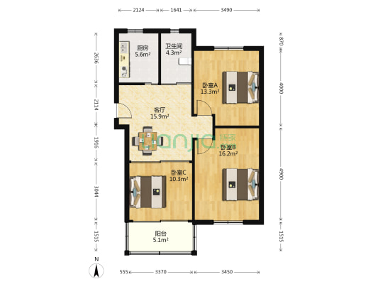 天虹二村 3室1厅1卫 89平方