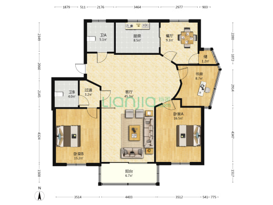 明朗花园 3室2厅2卫 147平方