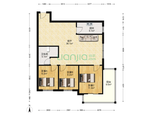 朝阳路华泰豪庭南向精装修三居房本满二出售-户型图