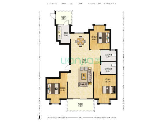 众安翡翠珑湾 3室1厅2卫 131平方