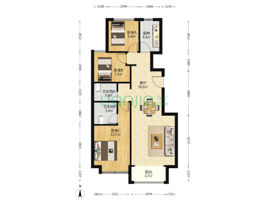 狮子城丁香园 3室1厅2卫 96平方