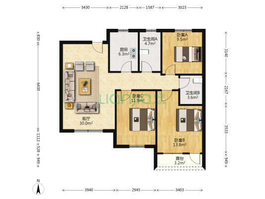 新加坡城 3室1厅2卫 122平方