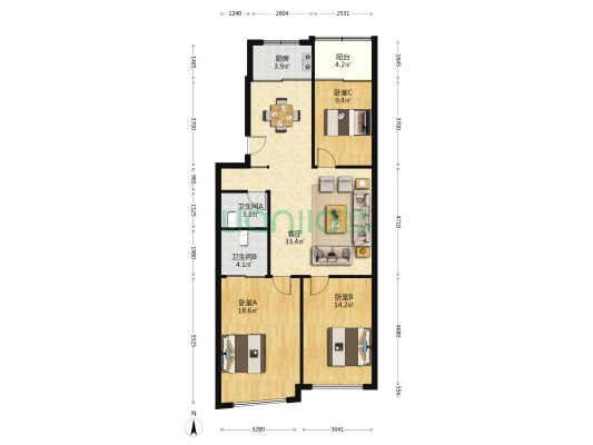龙湖路 3室1厅2卫 115平方