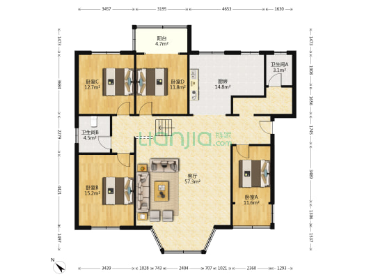 郫县一中教师小区 4室1厅2卫 154平方