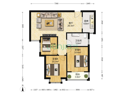 橡树玫瑰城北区 3室1厅1卫 89平方