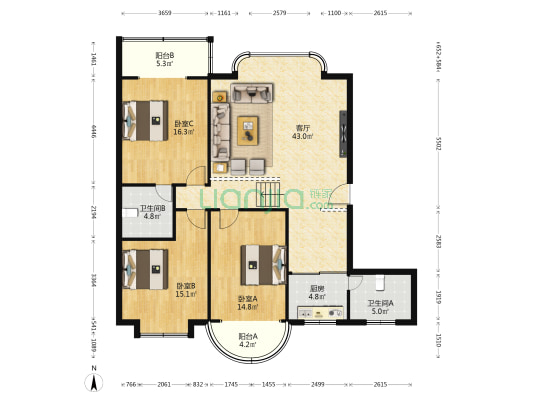 雅馨园 3室1厅2卫 136平方