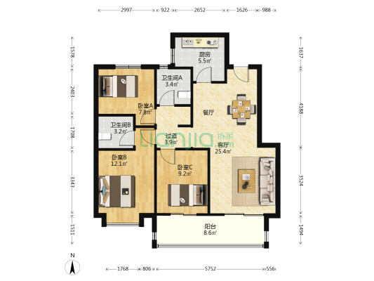 紫薇西棠南区 3室1厅2卫 105平方
