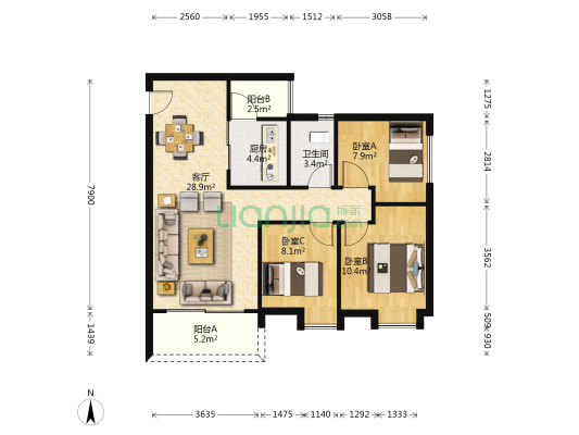 东安花园 3室1厅1卫 89平方