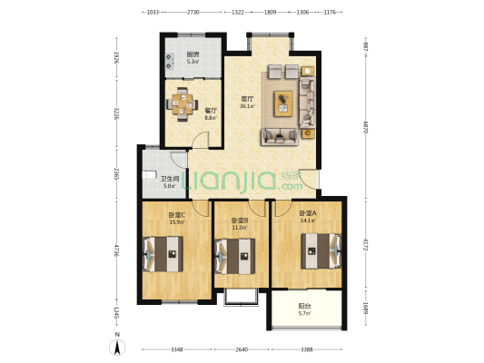 润美花园 3室2厅1卫 122平方