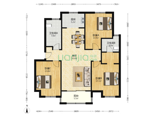 高华幸福家园 3室1厅2卫 112平方
