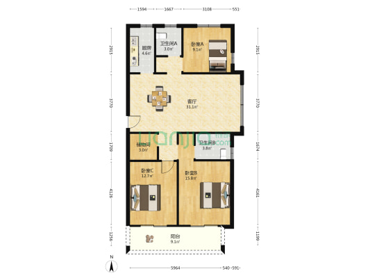 东达锦园 3室1厅2卫 128平方