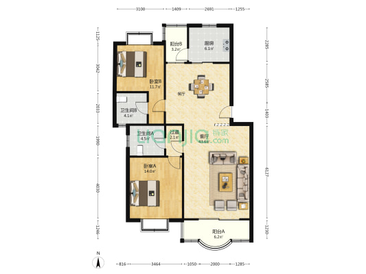 仲义苑 2室1厅2卫 110平方