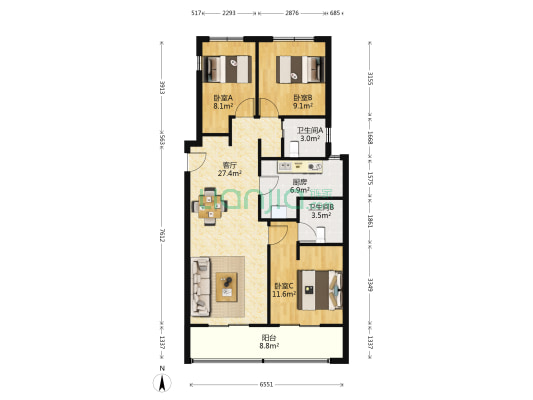 城北万象城幸福里 3室1厅2卫 105平方
