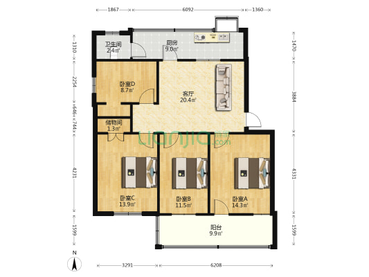 襄钢社区南院 4室1厅1卫 107平方