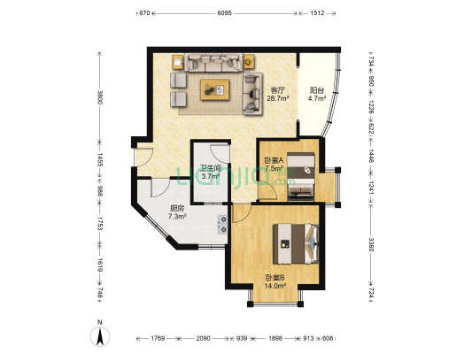 川西家园B区 2室1厅1卫 80平方