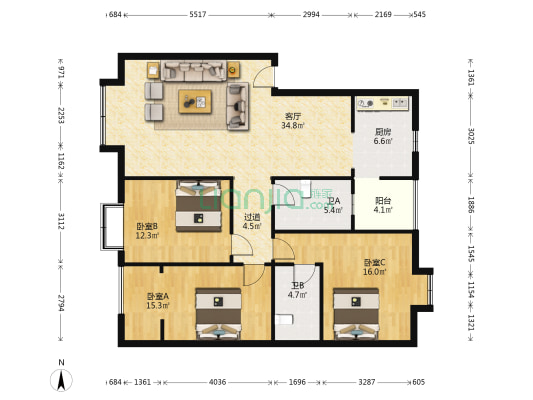 洛河小区A区 3室1厅2卫 120平方