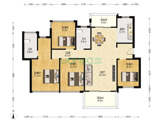 翠湖苑（南区） 4室1厅2卫 128平方