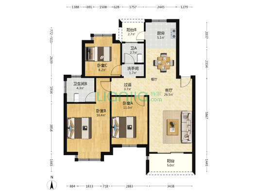 福润花园一区 3室1厅3卫 136平方