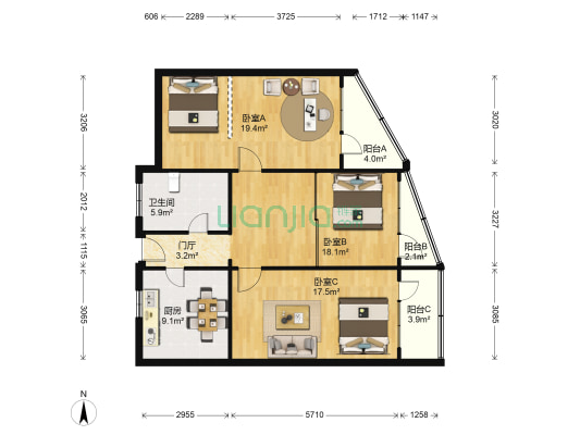 江苏路722弄 3室0厅1卫 107平方