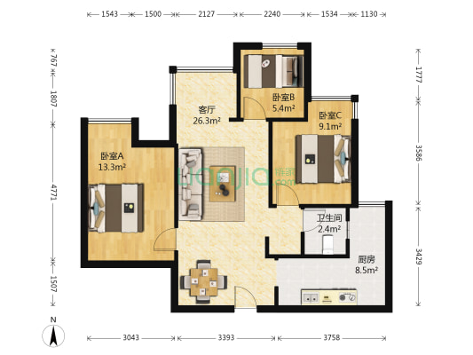 康桥融府 3室1厅1卫 74平方