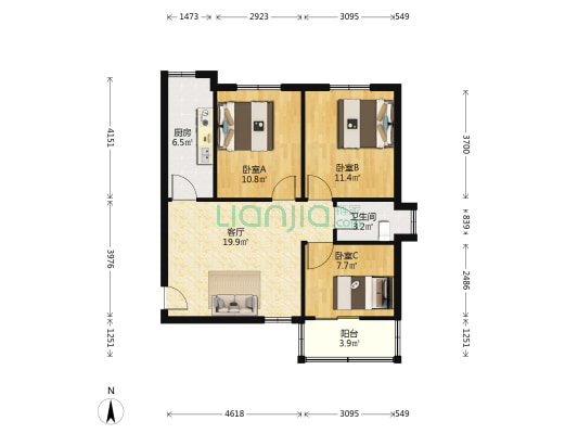 中医附院宿舍 3室1厅1卫 76平方