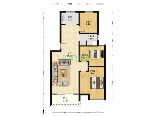 明天集团 3室1厅1卫 85平方