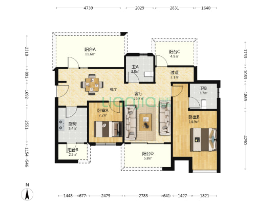 德信金成观澜大院 2室1厅2卫 98平方