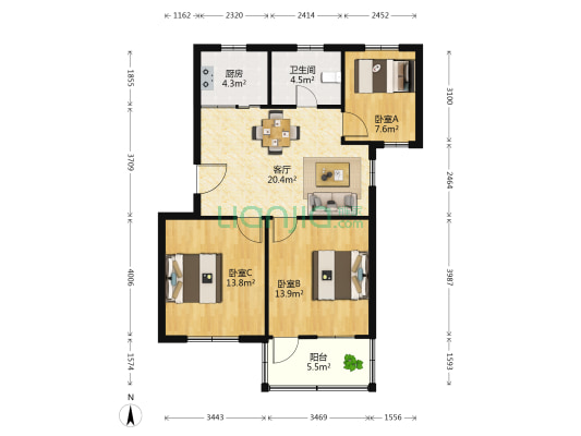 石人北路197号 3室1厅1卫 83平方