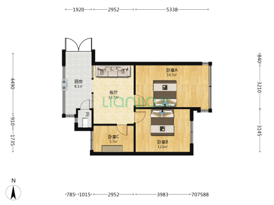 民航路242号 3室1厅1卫 53平方