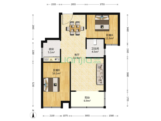 巴陵首府 2室1厅1卫 94平方